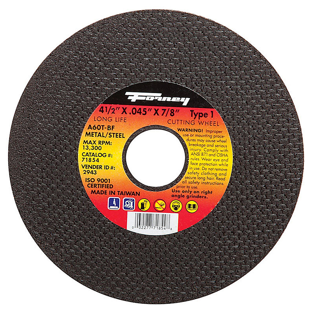 Forney 71854 4-1/2 in. D X 7/8 in. S Aluminum Oxide Metal Cut-Off Wheel 1 pc