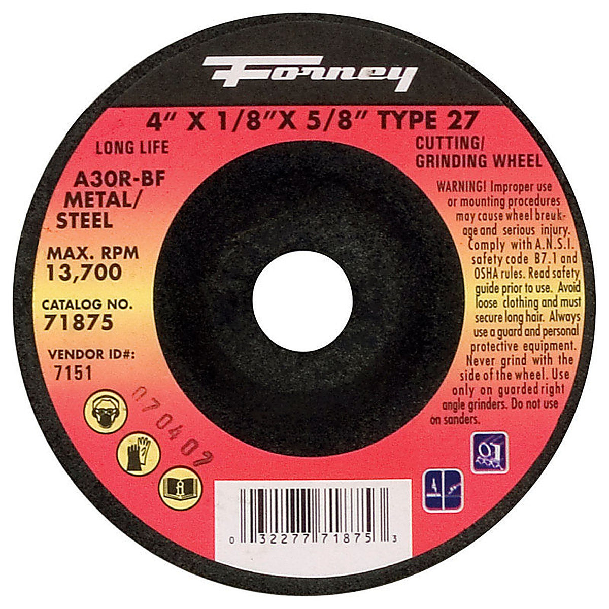 Forney 71875 4 in. D X 1/8 in. thick T X 5/8 in. in. S Metal Grinding Wheel 1 pc