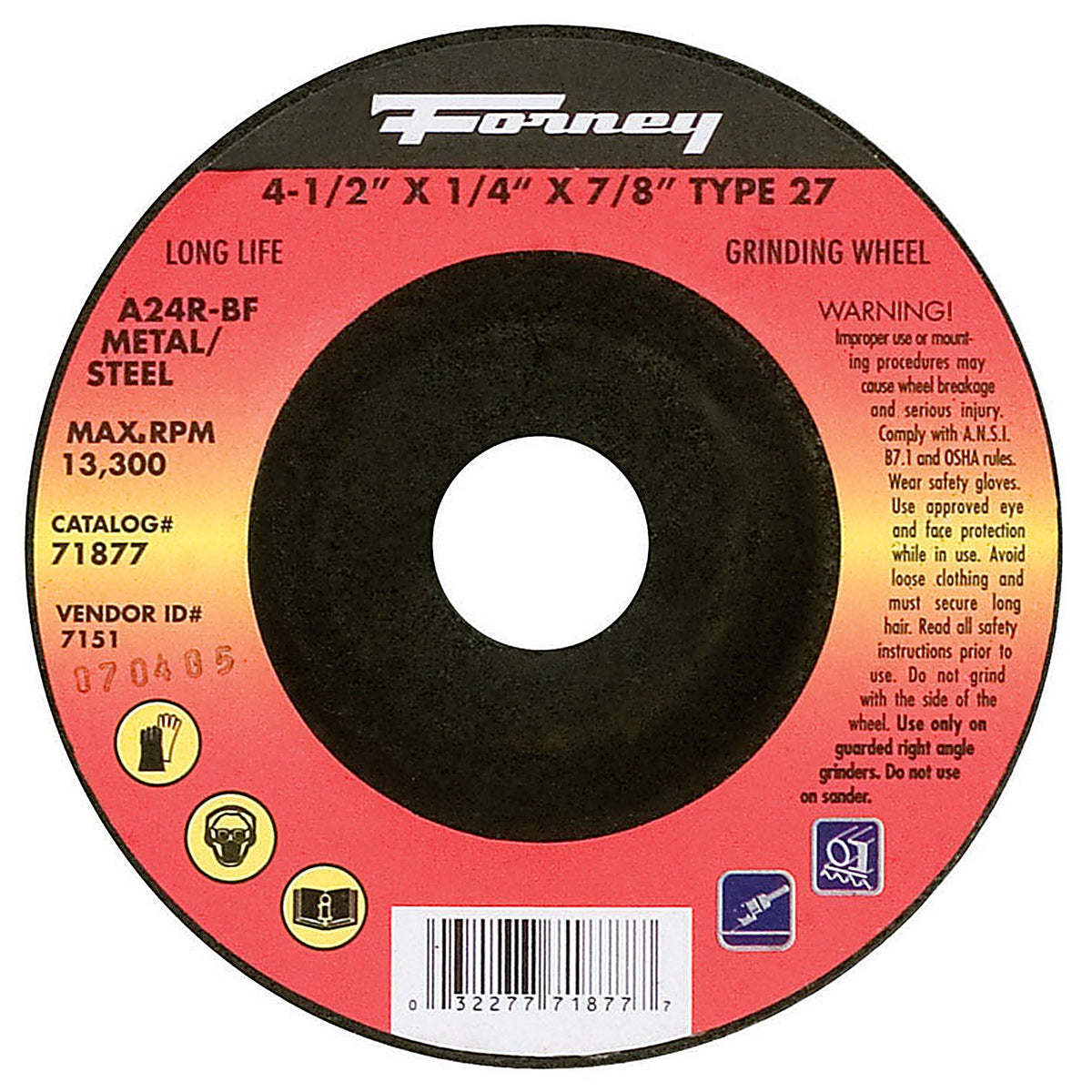 Forney 71877 4-1/2 in. D X 1/4 in. thick T X 7/8 in. in. S Metal Grinding Wheel 1 pc