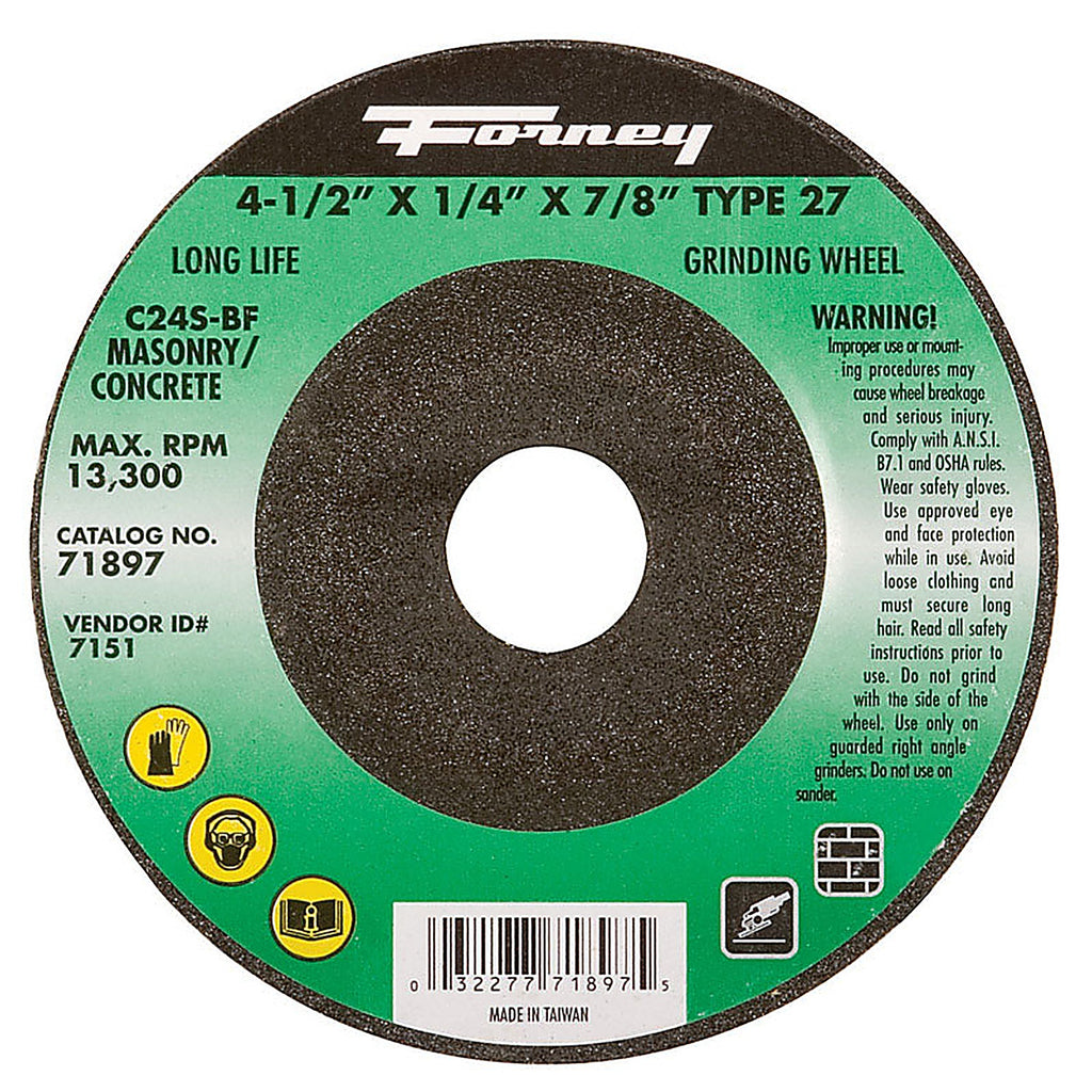 Forney 71897 4-1/2 in. D X 1/4 in. thick T X 7/8 in. in. S Masonry Grinding Wheel 1 pc
