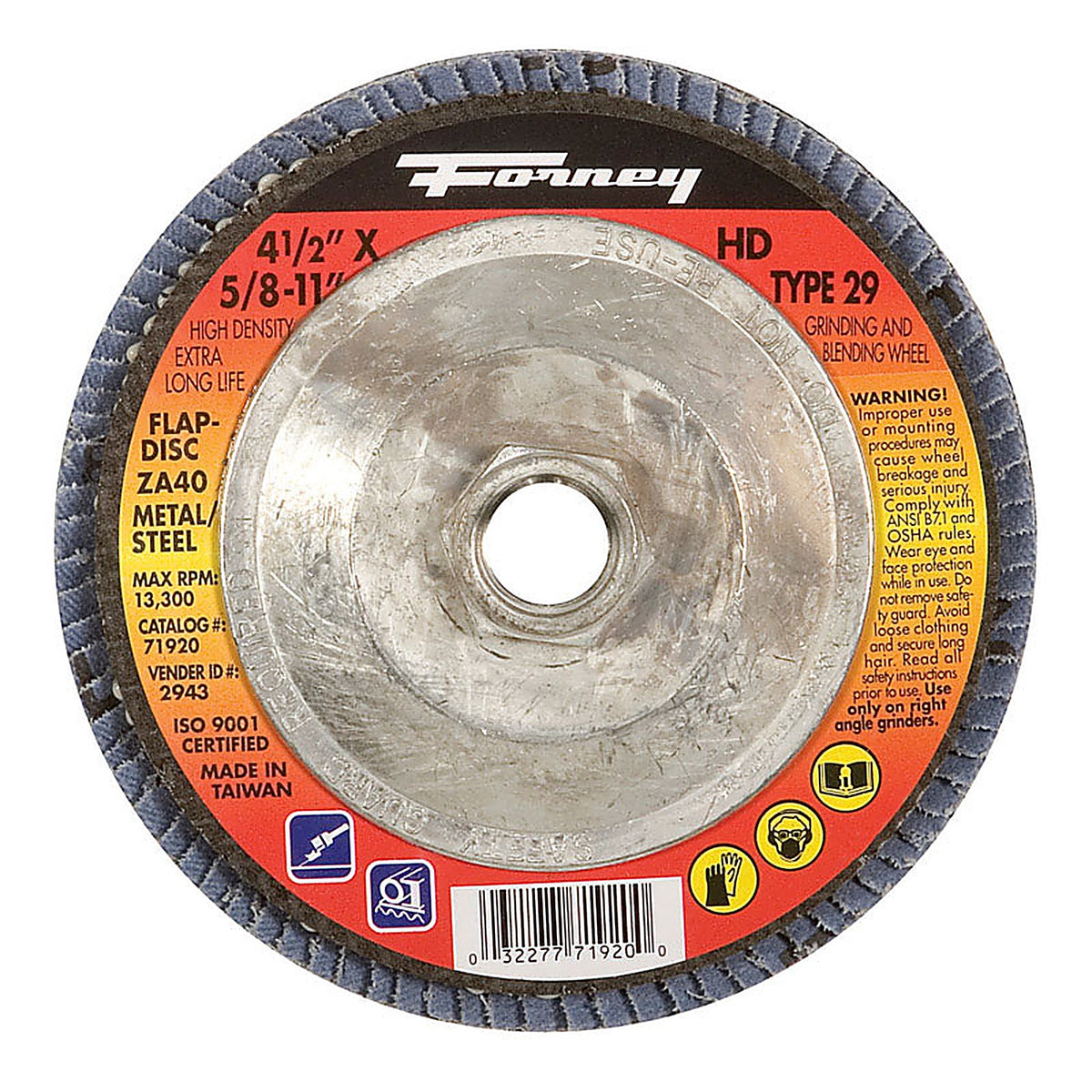 Forney 71920 4-1/2 in. D X 5/8 in. S Zirconia Aluminum Oxide Flap Disc 40 Grit 1 pc
