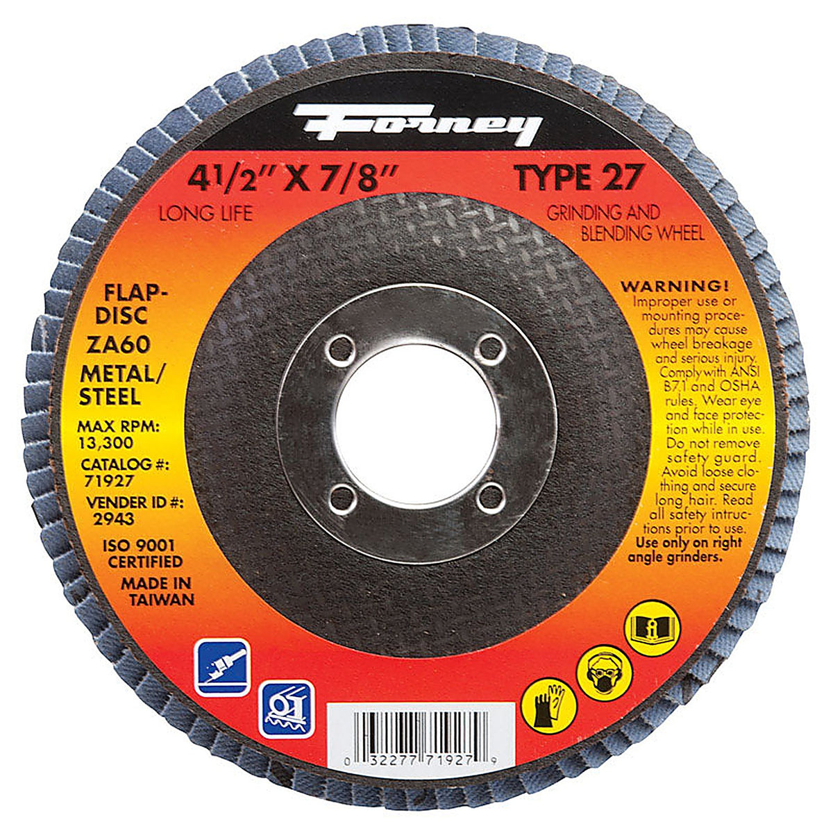 Forney 71927 4-1/2 in. D Zirconia Aluminum Oxide Flap Disc 60 Grit 1 pc