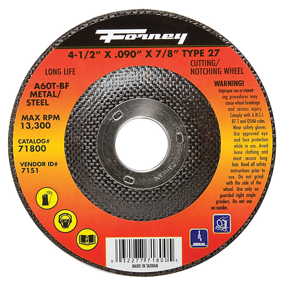 Forney 71800 4-1/2 in. D X 7/8 in. S Aluminum Oxide Metal Cut-Off Wheel 1 pc