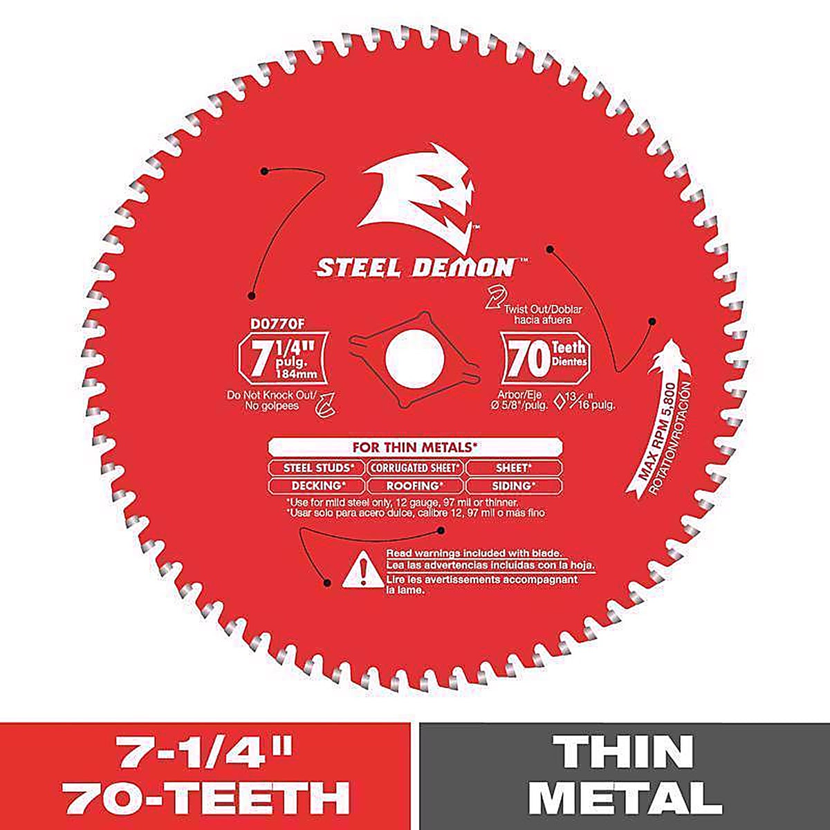 Diablo D0770F Steel Demon 7-1/4 in. D X 5/8 in. Carbide Circular Saw Blade 70 teeth 1 pc