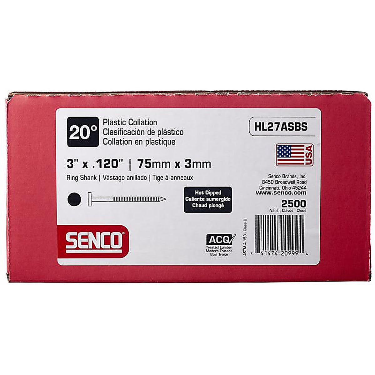 Senco HL27ASBS 3 in. 16 Ga. Angled Strip Framing Nails 20 deg. Ring Shank 2500/Pack