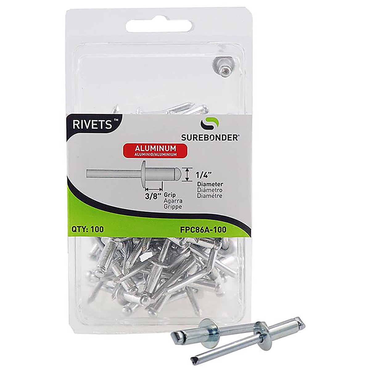 Surebonder FPC86A-100 1/4 in. Dia. x 3/8 in. Aluminum Rivets Silver 100/Pack
