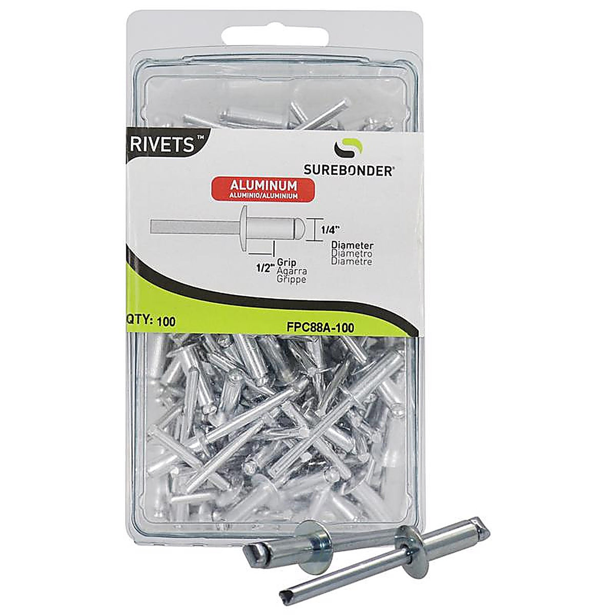 Surebonder FPC88A-100 1/4 in. Dia. x 1/2 in. Aluminum Rivets Silver 100/Pack