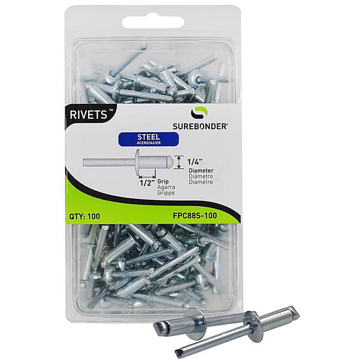 Surebonder FPC88S-100 1/4 in. Dia. x 1/2 in. Steel Rivets Silver 100/Pack