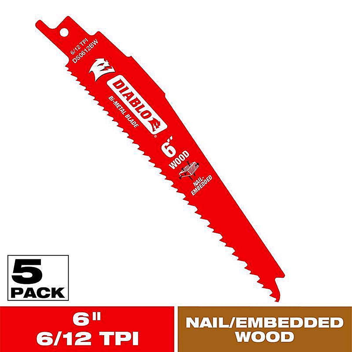 Diablo DS0612BW5 6 in. Bi-Metal Reciprocating Saw Blade 6/12 TPI 5 pk