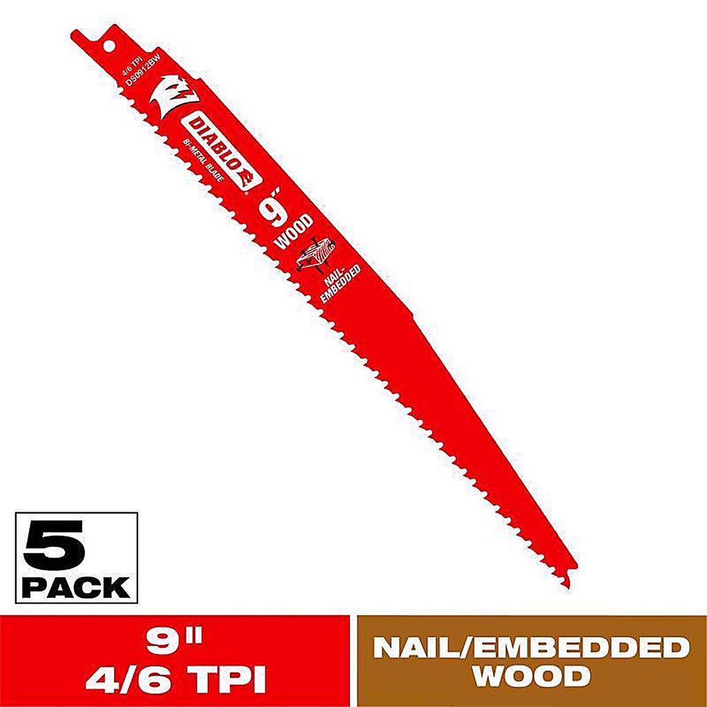 Diablo DS0912BW5 9 in. Bi-Metal Reciprocating Saw Blade 4/6 TPI 5 pc
