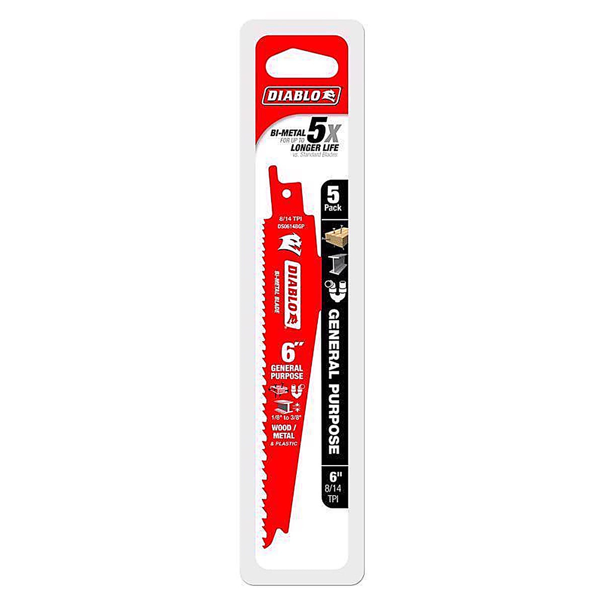Diablo DS0614BGP5 6 in. Bi-Metal Reciprocating Saw Blade 8/14 TPI 5 pc