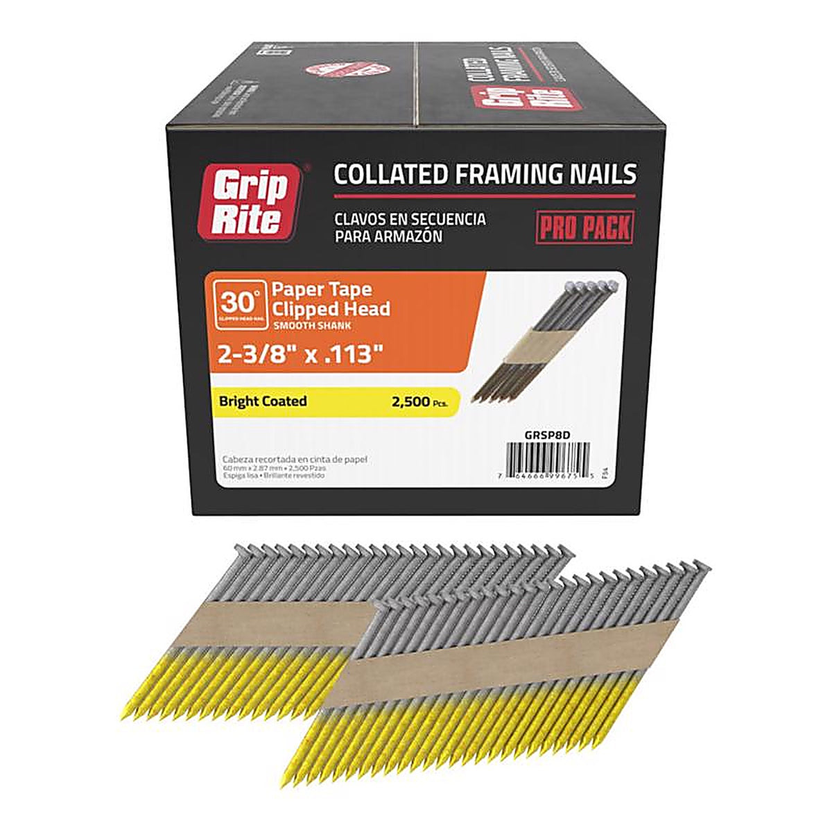 Grip-Rite GRSP8D 2-3/8 in. Angled Strip Framing Nails 30 deg. Smooth Shank 2500/Pack
