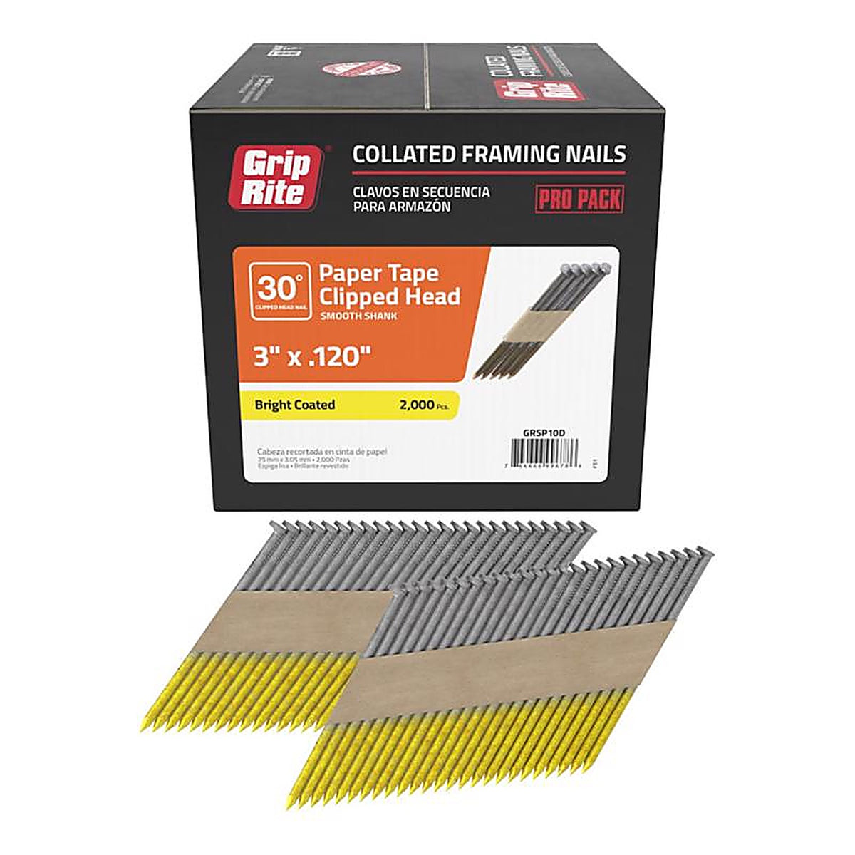 Grip-Rite GRSP10D 3 in. 12 Ga. Angled Strip Framing Nails 30 deg. Smooth Shank 2000/Pack