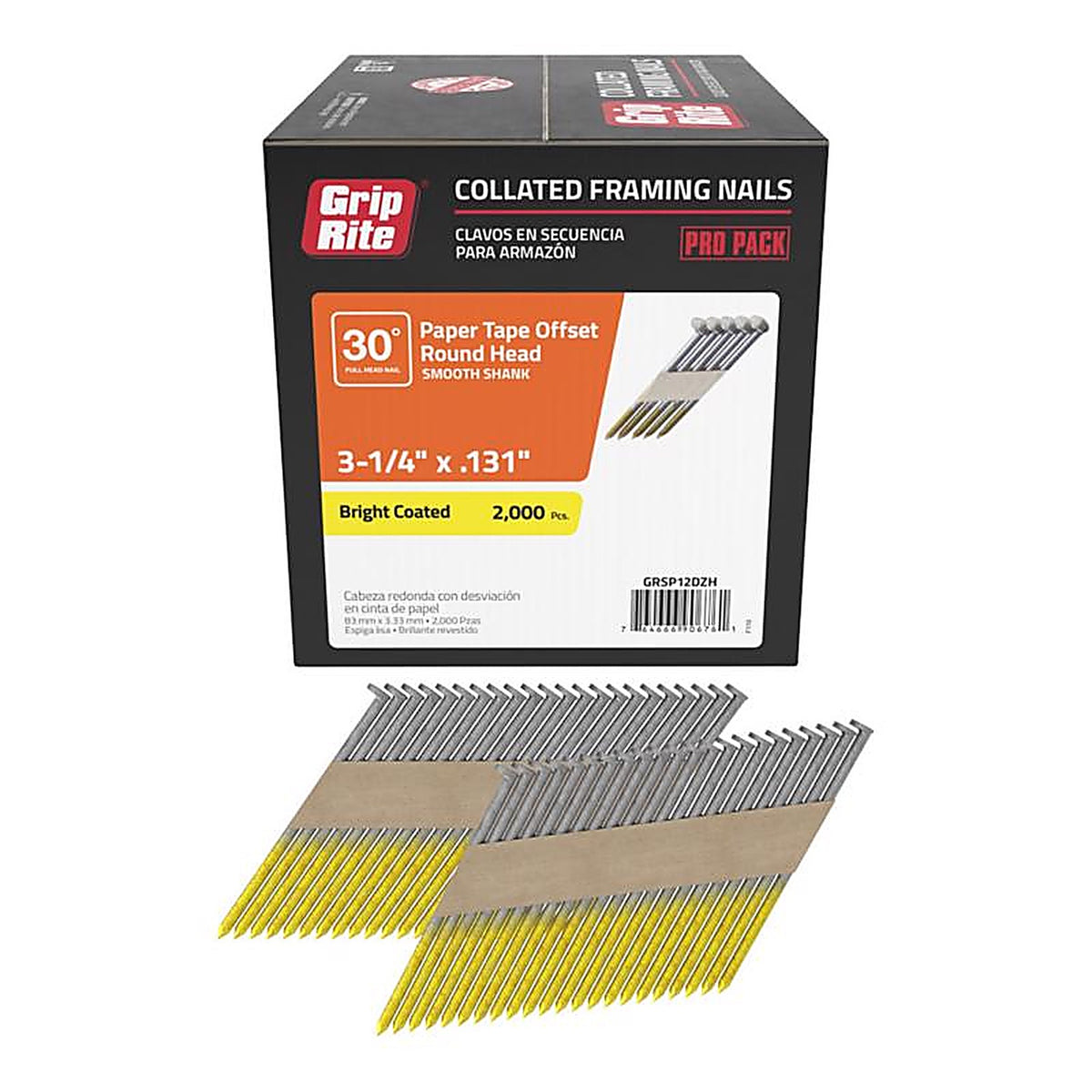 Grip-Rite GRSP12DZH 3-1/4 in. Angled Strip Framing Nails 30 deg. Smooth Shank 2000/Pack
