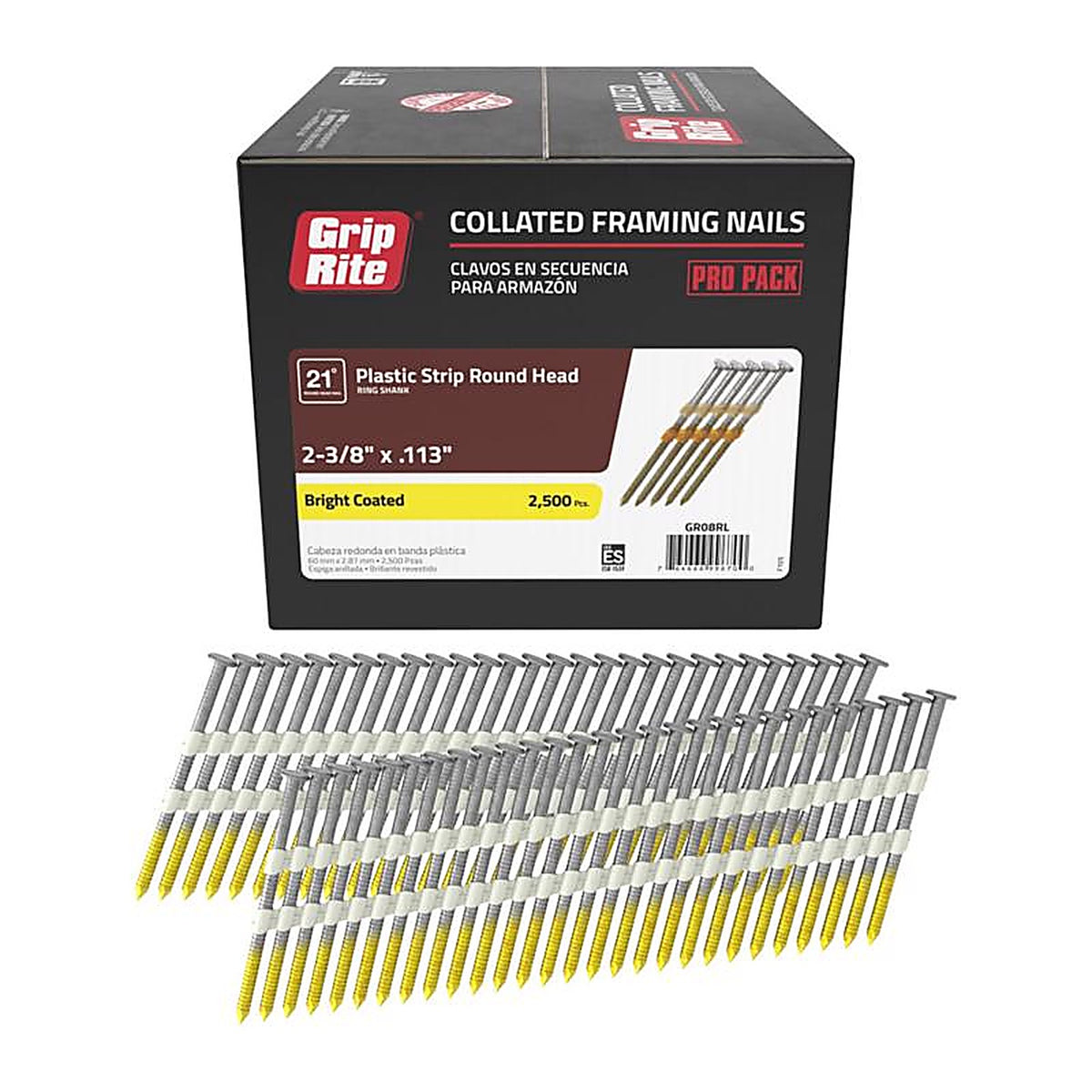 Grip-Rite GR08RL 2-3/8 in. 12 Ga. Angled Strip Framing Nails 21 deg. Ring Shank 2500/Pack