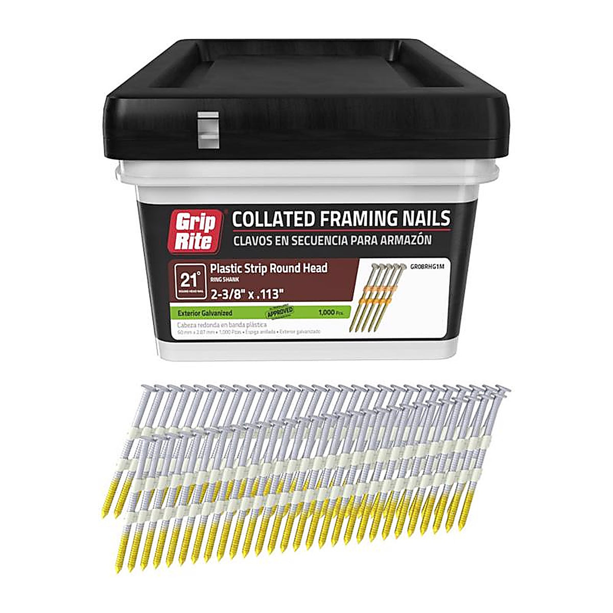 Grip-Rite GR08RHG1M 2-3/8 in. 12 Ga. Angled Strip Framing Nails 21 deg. Ring Shank 1000/Pack