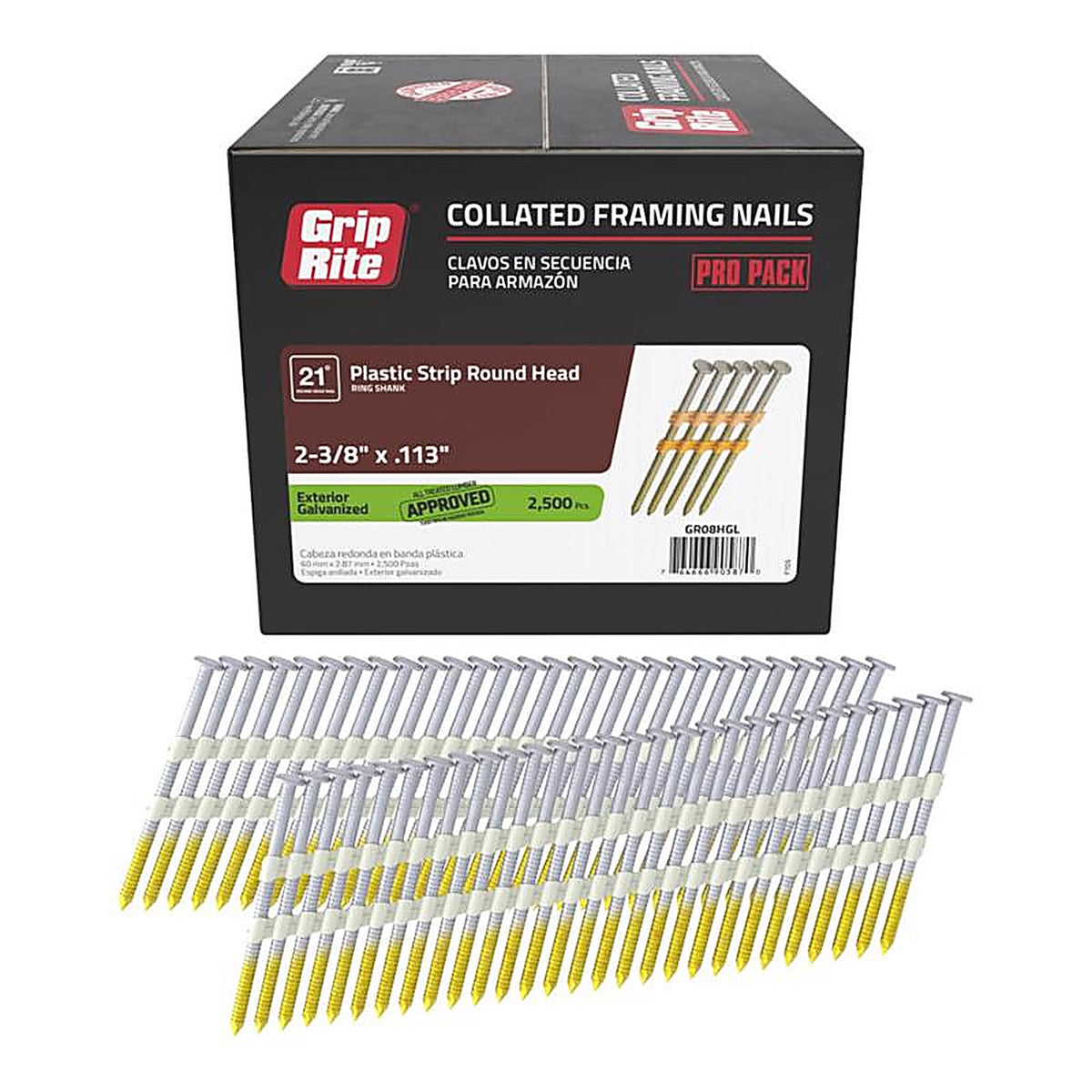 Grip-Rite GR08HGL 2-3/8 in. 12 Ga. Angled Strip Framing Nails 21 deg. Ring Shank 2500/Pack