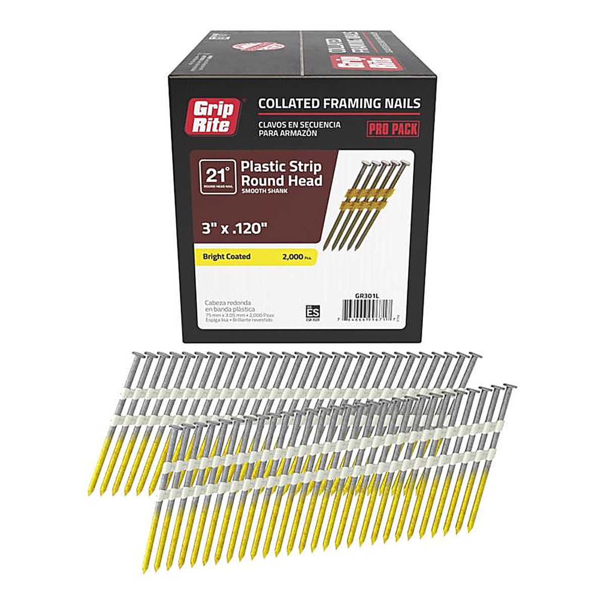 Grip-Rite GR301L 3 in. 11 Ga. Angled Strip Framing Nails 21 deg. Smooth Shank 2000/Pack