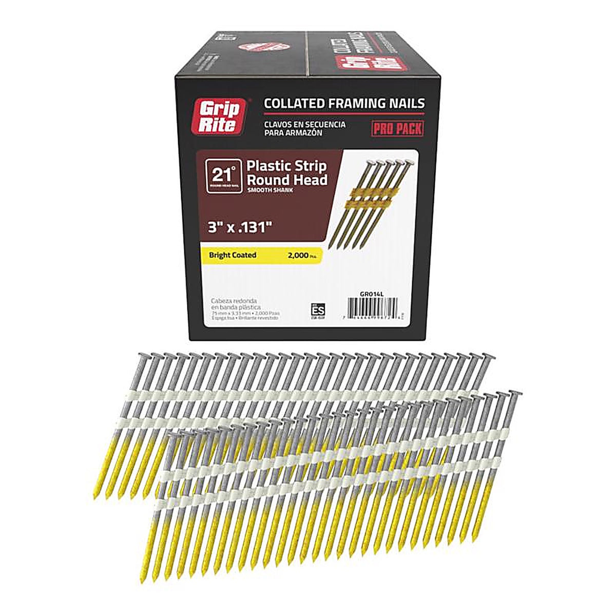 Grip-Rite GR014L 3 in. 10 Ga. Angled Strip Framing Nails 21 deg. Smooth Shank 2000/Pack