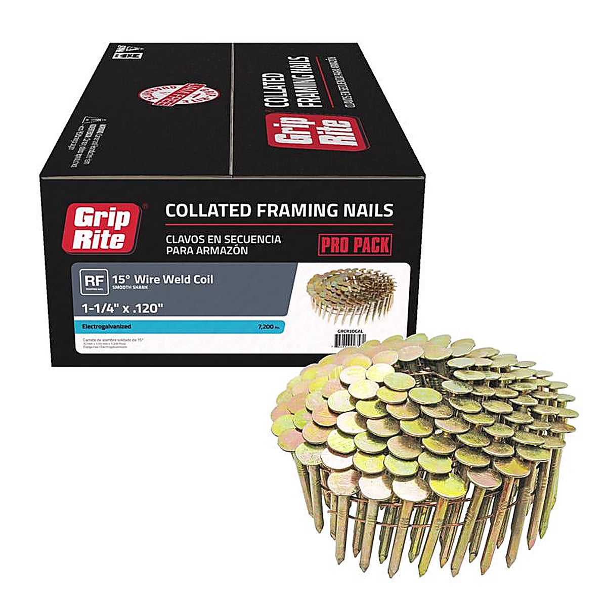 Grip-Rite - GRCR3DGAL - 1-1/4 In. L X 11 Ga. Angled Coil Electro Galvanized Roofing Nails 15 Deg 7200 Pack