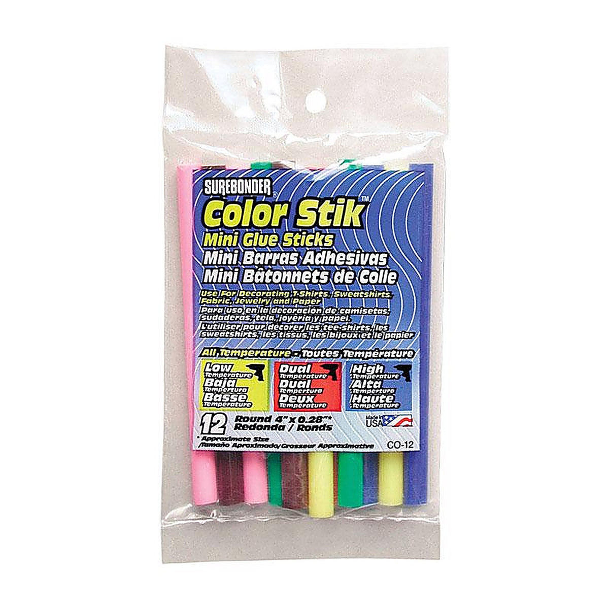 Surebonder CO-12V Color Stik .28 in. Dia. x 4 in. L Mini Glue Sticks Assorted Colors 12/Pack