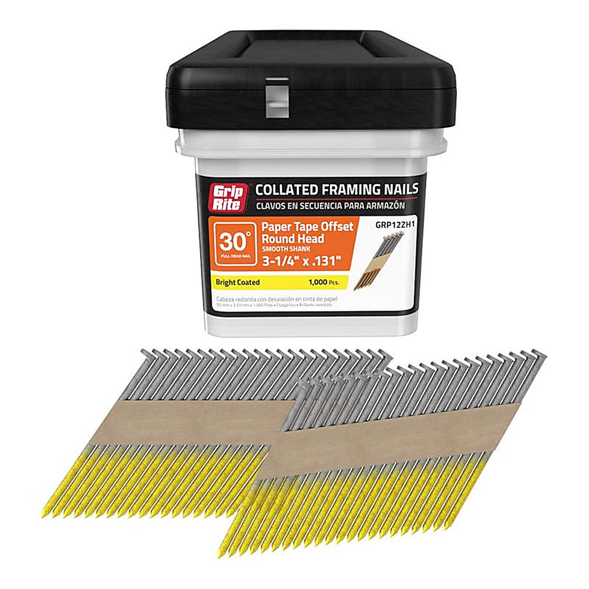 Grip-Rite - GRP12ZH1 - 3-1/4 In. L X 12 Ga. Angled Strip Bright Framing Nails 30 Deg 1000 Pack