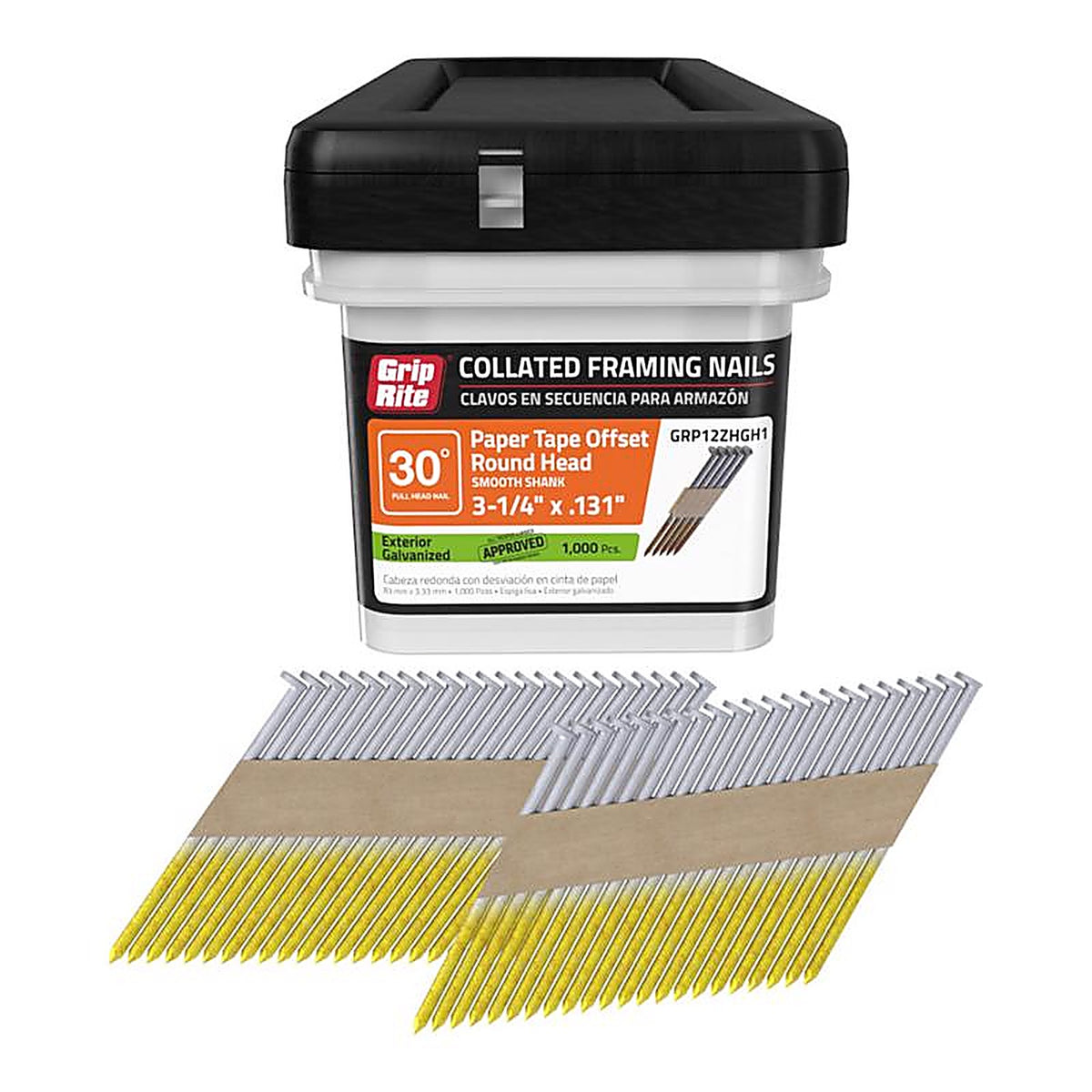 Grip-Rite GRP12ZHGH1 3-1/4 in. 12 Ga. Angled Strip Framing Nails 30 deg Smooth Shank 1000 pk