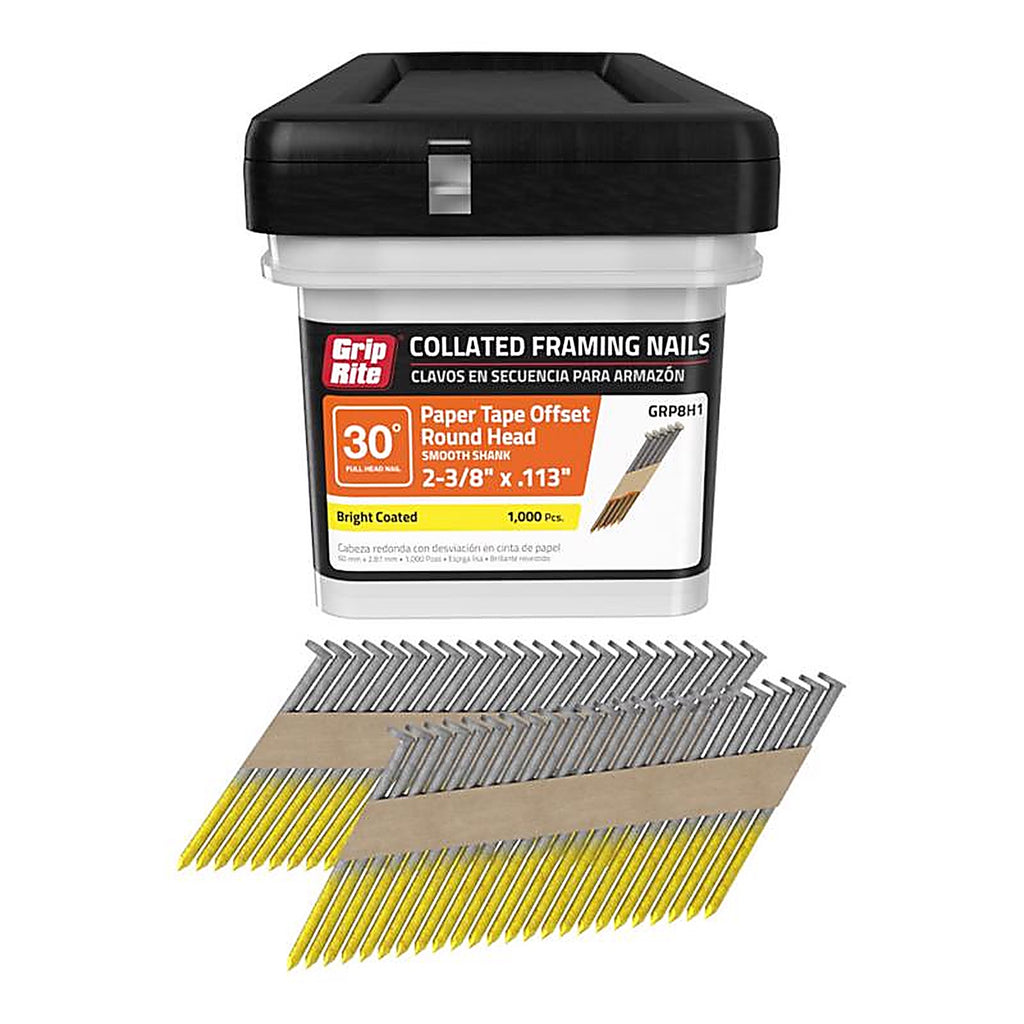 Grip-Rite GRP8H1 2-3/8 in. 12 Ga. Angled Strip Framing Nails 30 deg. Smooth Shank 1000/Pack