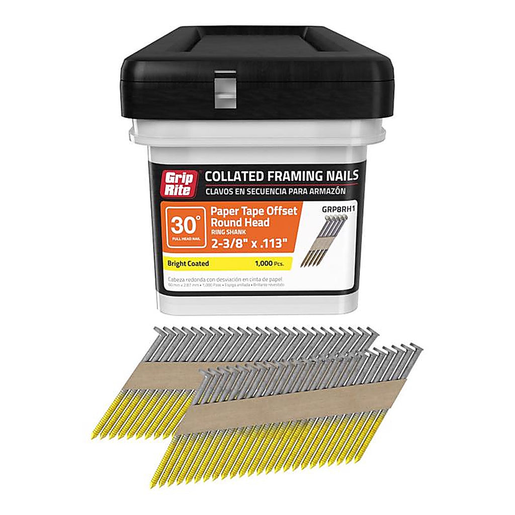 Grip-Rite GRP8RH1 2-3/8 in. 12 Ga. Angled Strip Framing Nails 30 deg. Ring Shank 1000/Pack