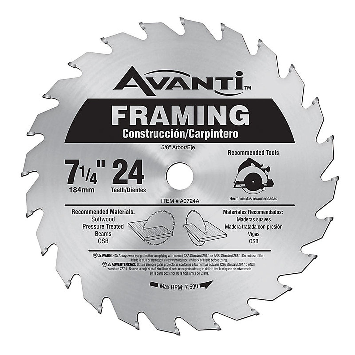 Freud A0724A Avanti 7-1/4 in. D X 5/8 in. S Carbide Tip Steel Framing Blade 24 teeth 1 pc