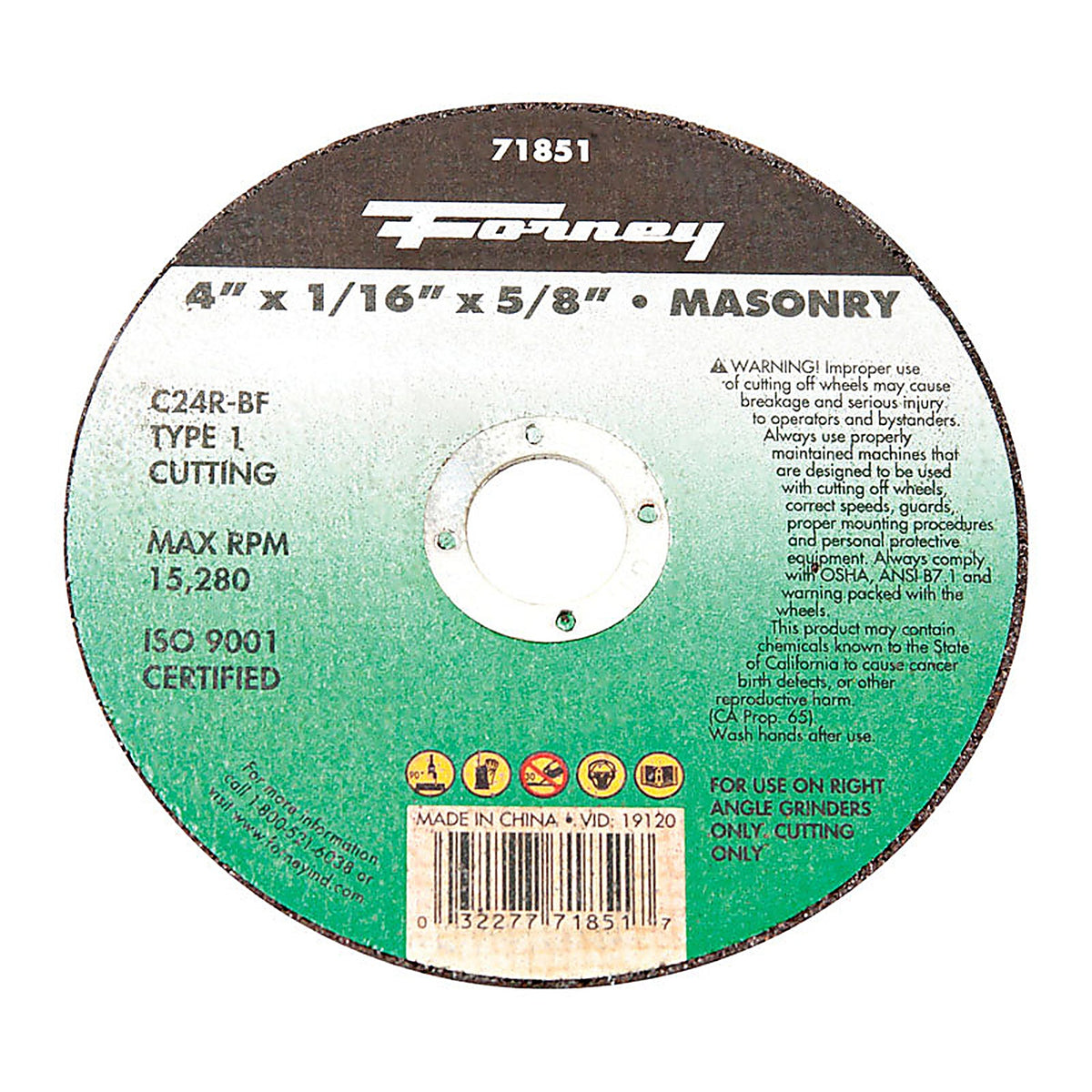 Forney 71851 4 in. D X 5/8 in. S Silicon Carbide Masonry Cutting Wheel 1 pc