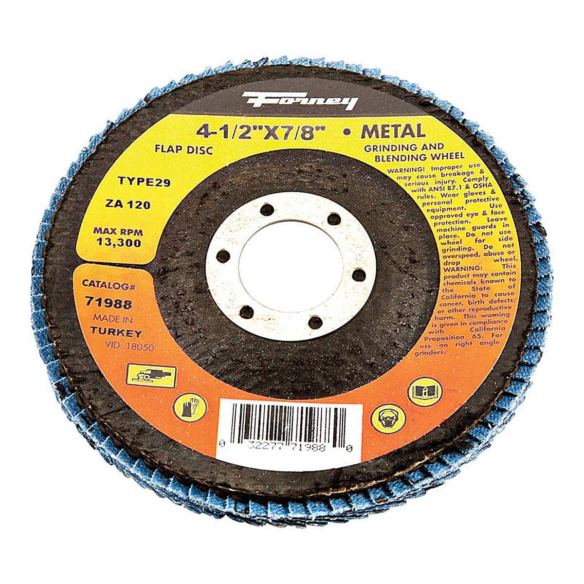 Forney - 71988 - 4-1/2 In. D X 7/8 In. Zirconia Aluminum Oxide Arbor Flap Disc 120 Grit 1 Piece