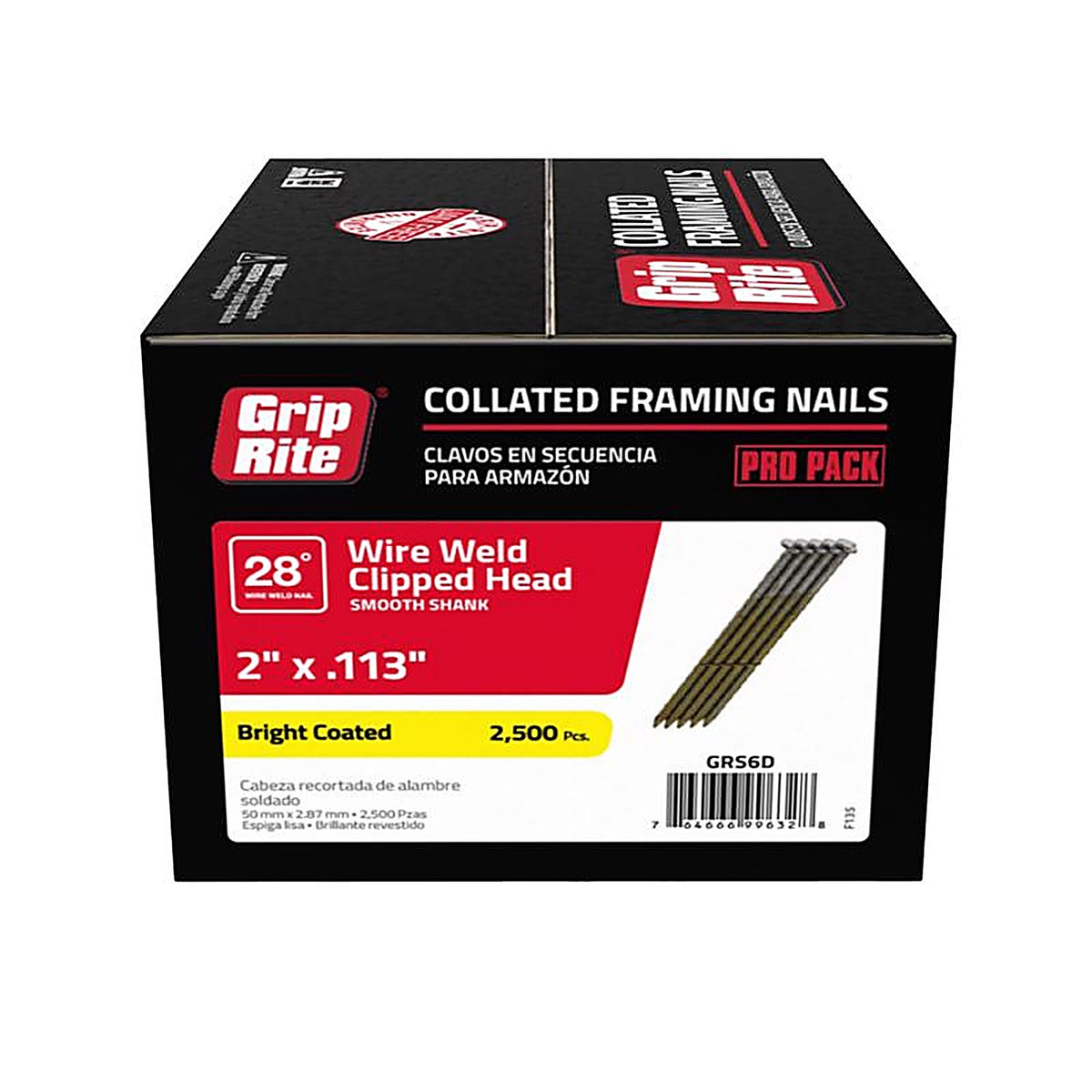 Grip-Rite GRS6D 2 in. 11-1/2 Ga. Angled Strip Framing Nails 28 deg. Smooth Shank 2500/Pack