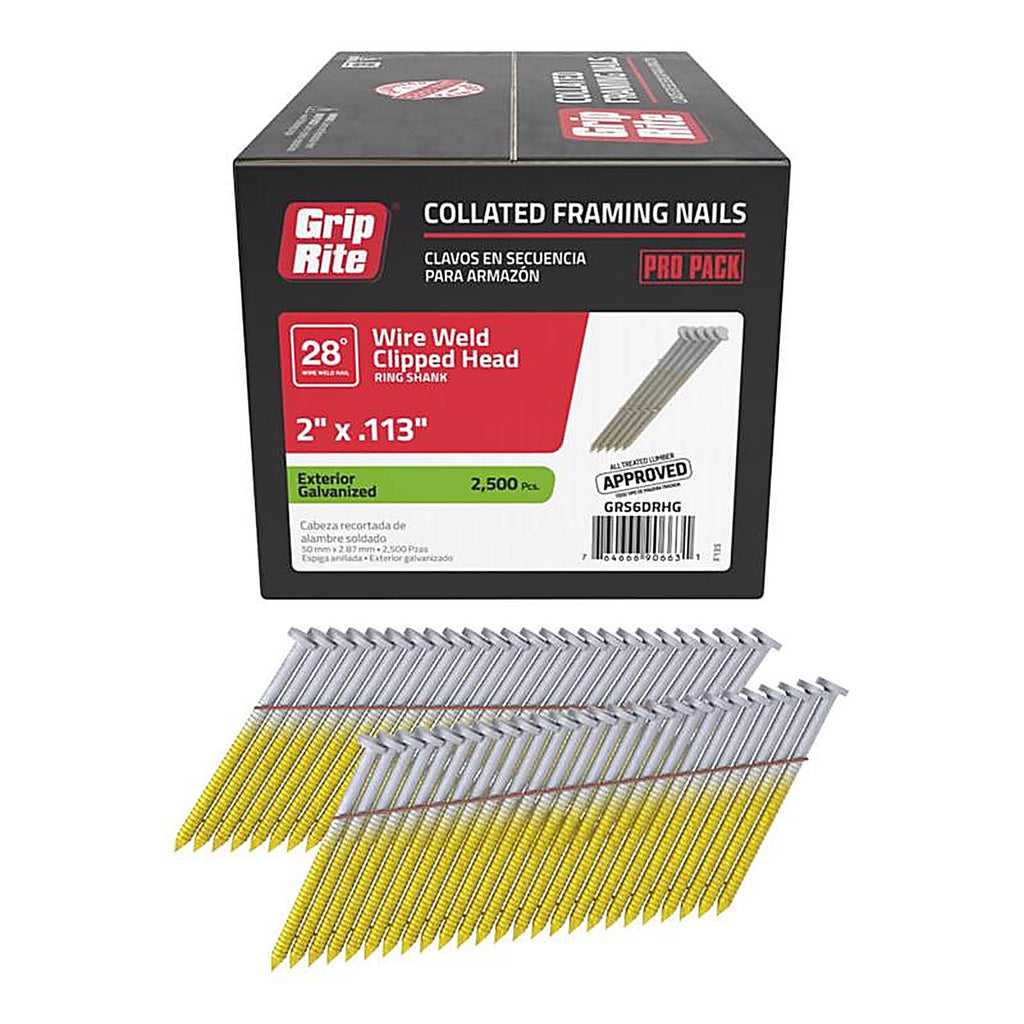 Grip-Rite GRS6DRHG 2 in. 11-1/2 Ga. Angled Strip Framing Nails 28 deg. Ring Shank 2500/Pack