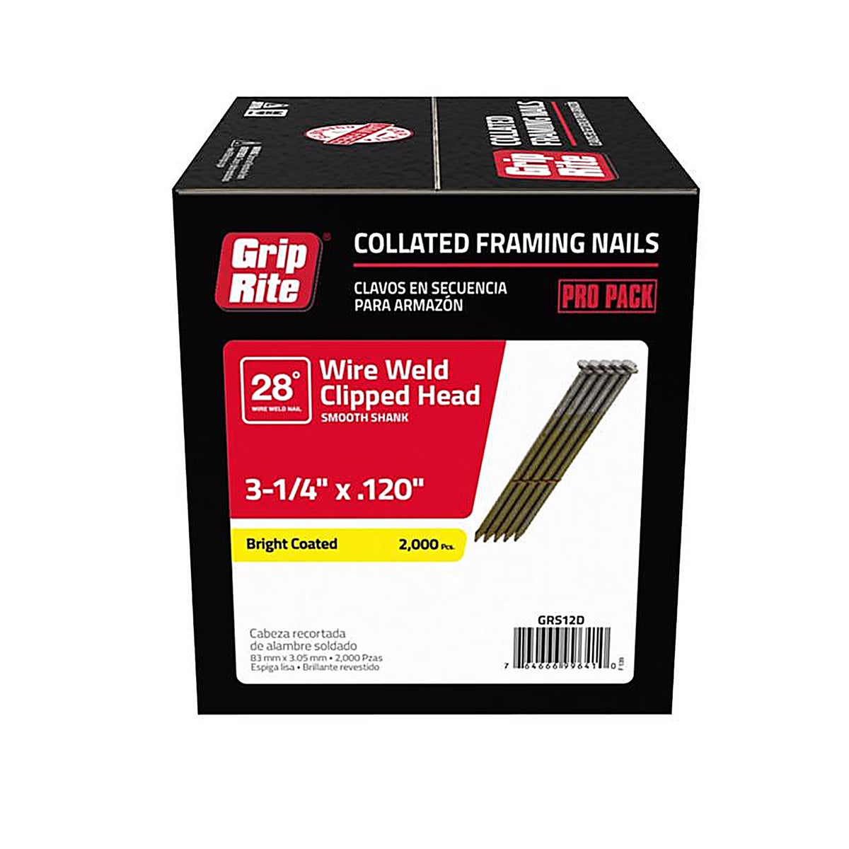 Grip-Rite GRS12D 3-1/4 in. 11 Ga. Angled Strip Framing Nails 28 deg. Smooth Shank 2000/Pack