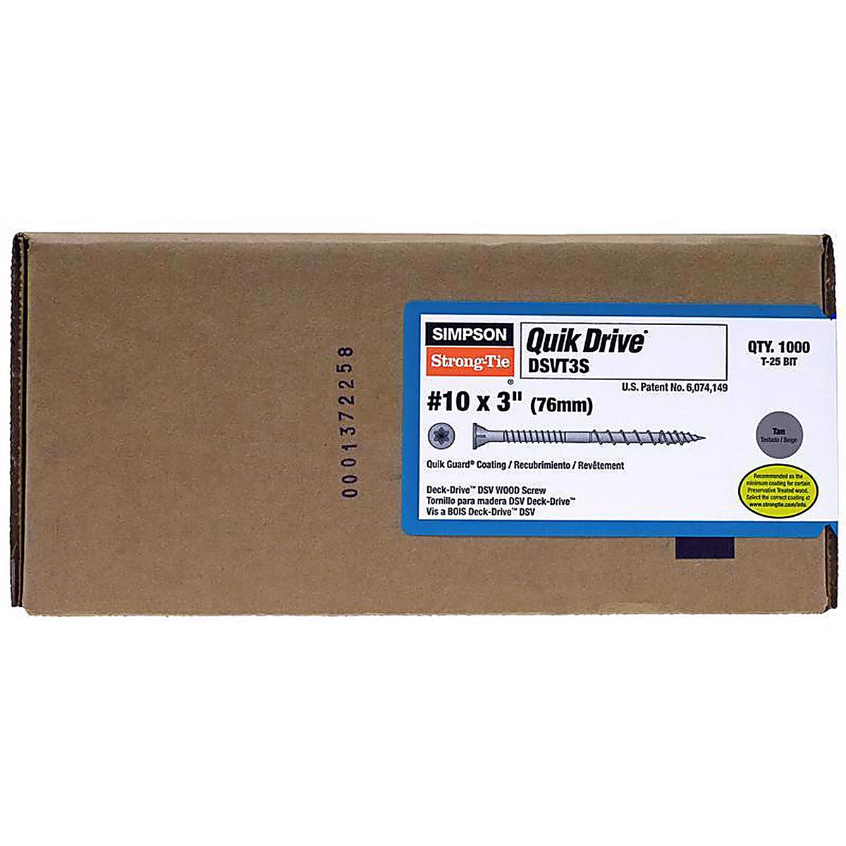 Simpson Strong-Tie - DSVT3S - Quick Drive No. 10 Sizes X 3 In. L Tan Square Ribbed Flat Head Deck Screws 1000 P