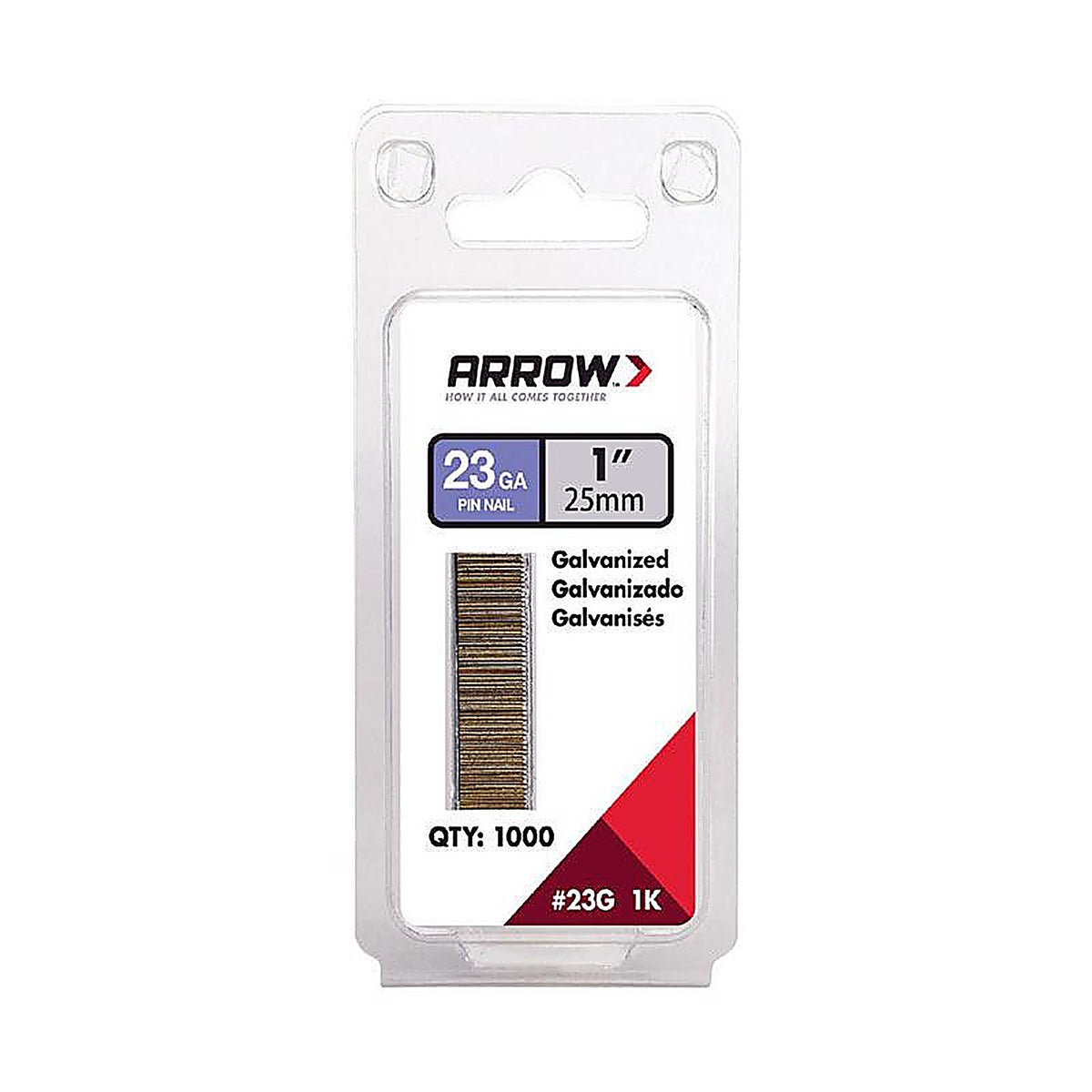 Arrow Fastener 23G25-1K 1 in. 23 Ga. Straight Strip Pin Nails Smooth Shank 1,000/Pack