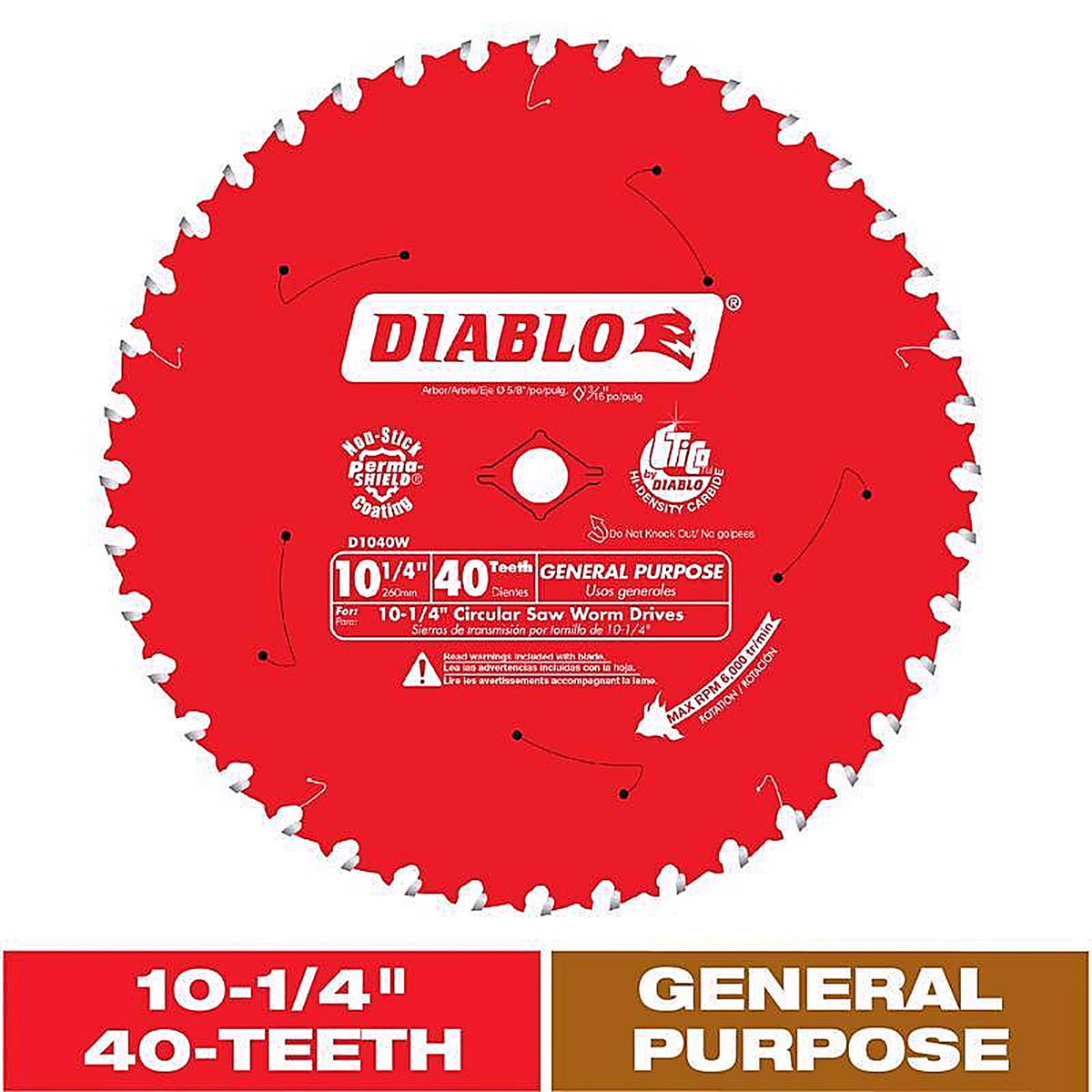 Diablo D1040W 10-1/4 in. D X 5/8 in. S Carbide Tip Circular Saw Blade 40 teeth 1 pk