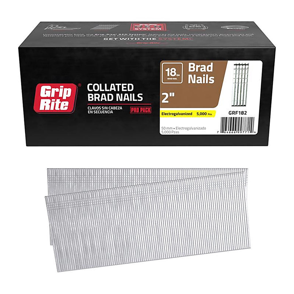Grip-Rite GRF182 2 in. 18 Ga. Straight Strip Brad Nails Smooth Shank 5000/Pack