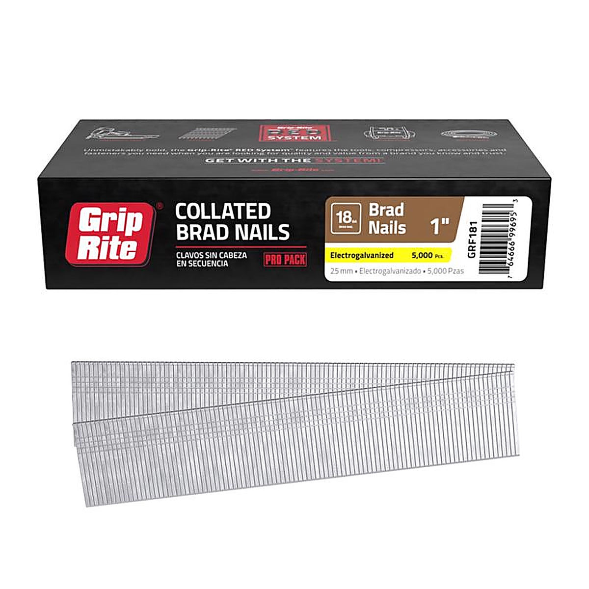 Grip-Rite GRF181 1 in. 18 Ga. Straight Strip Brad Nails Smooth Shank 5000/Pack