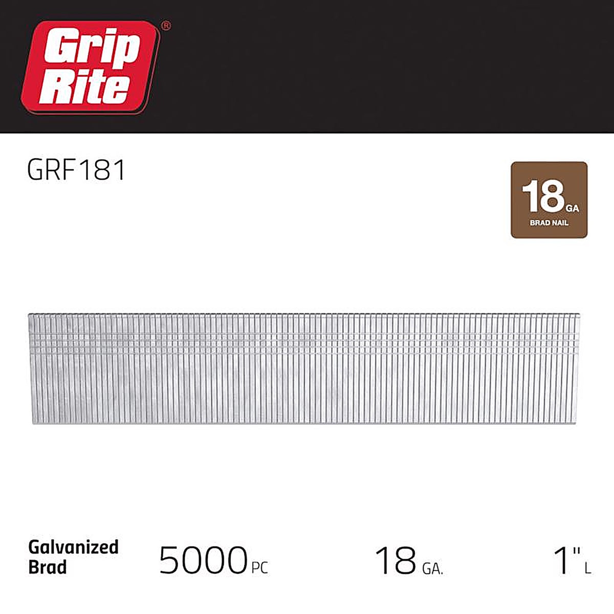 Grip-Rite GRF181 1 in. 18 Ga. Straight Strip Brad Nails Smooth Shank 5000/Pack
