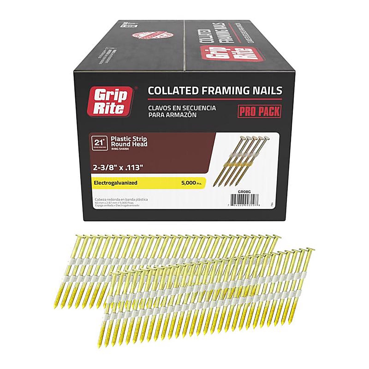 Grip-Rite GR08G 2-3/8 in. 12 Ga. Angled Strip Framing Nails 21 deg. Ring Shank 5000/Pack