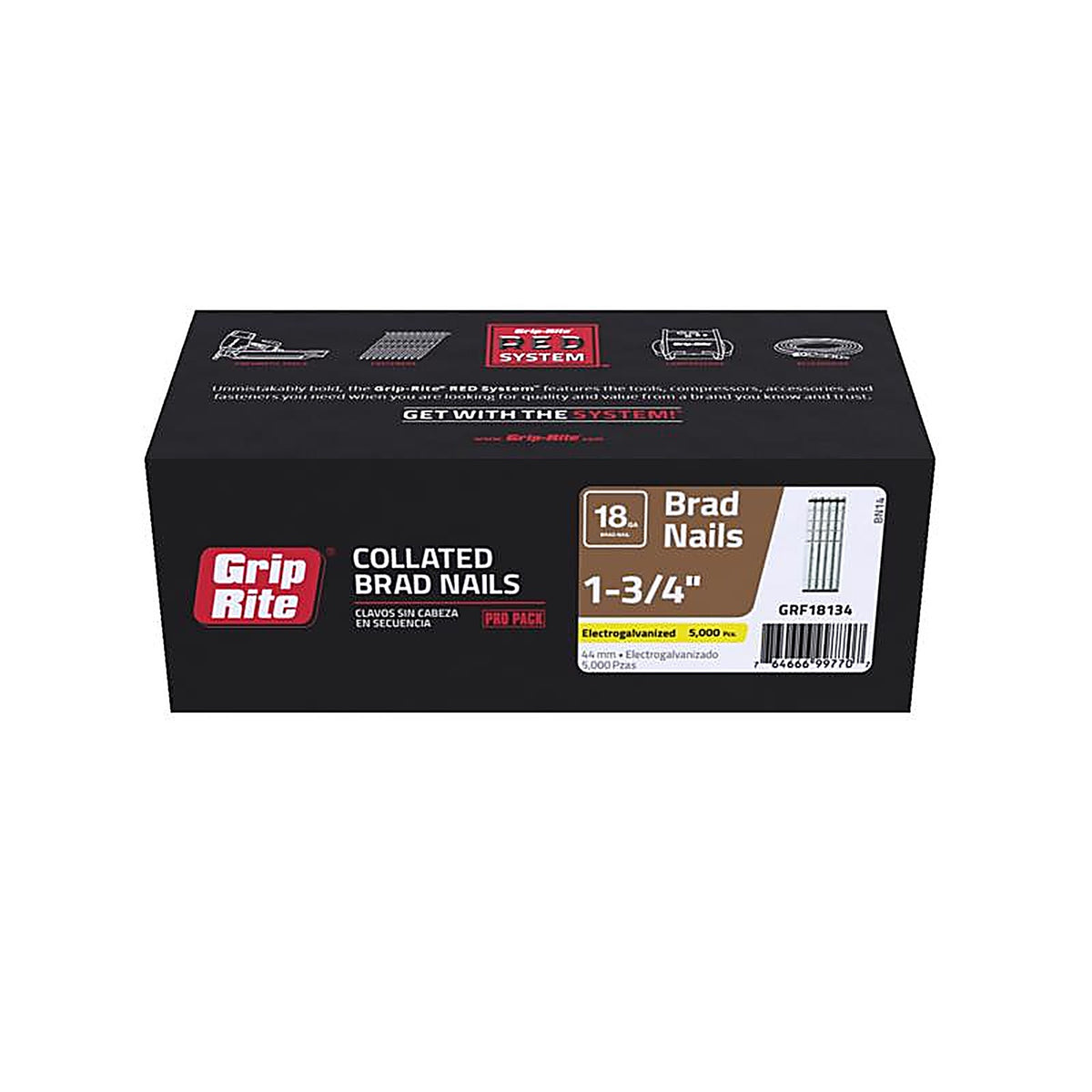 Grip-Rite GRF18134 1-3/4 in. 18 Ga. Straight Strip Brad Nails Smooth Shank 5000/Pack