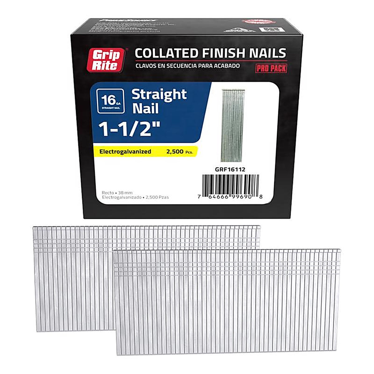 Grip-Rite GRF16112 1-1/2 in. 16 Ga. Straight Strip Finish Nails Smooth Shank 2500/Pack