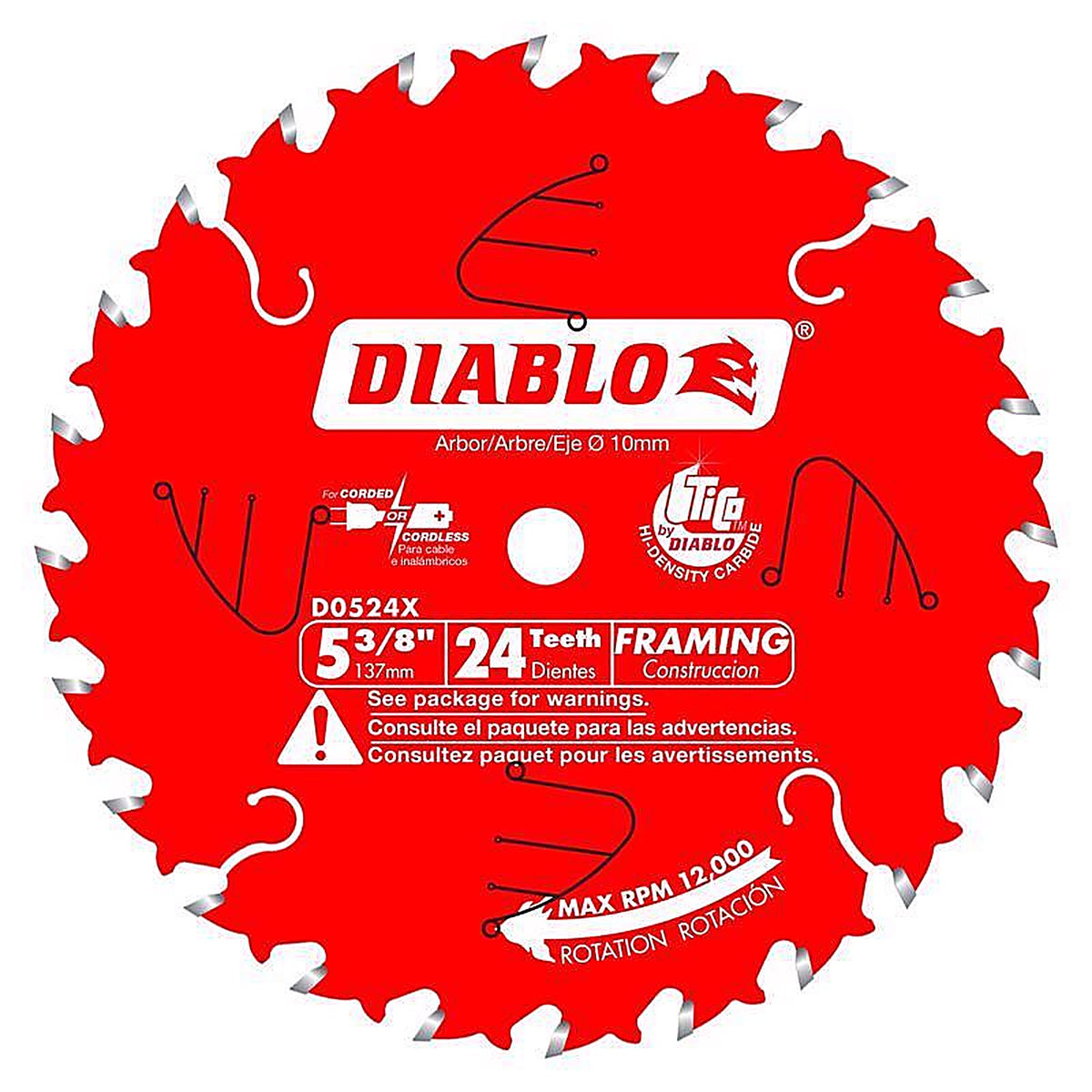 Diablo D0524X 5-3/8 in. D X 10 mm S Carbide Tip Steel Framing Blade 24 teeth 1 pc