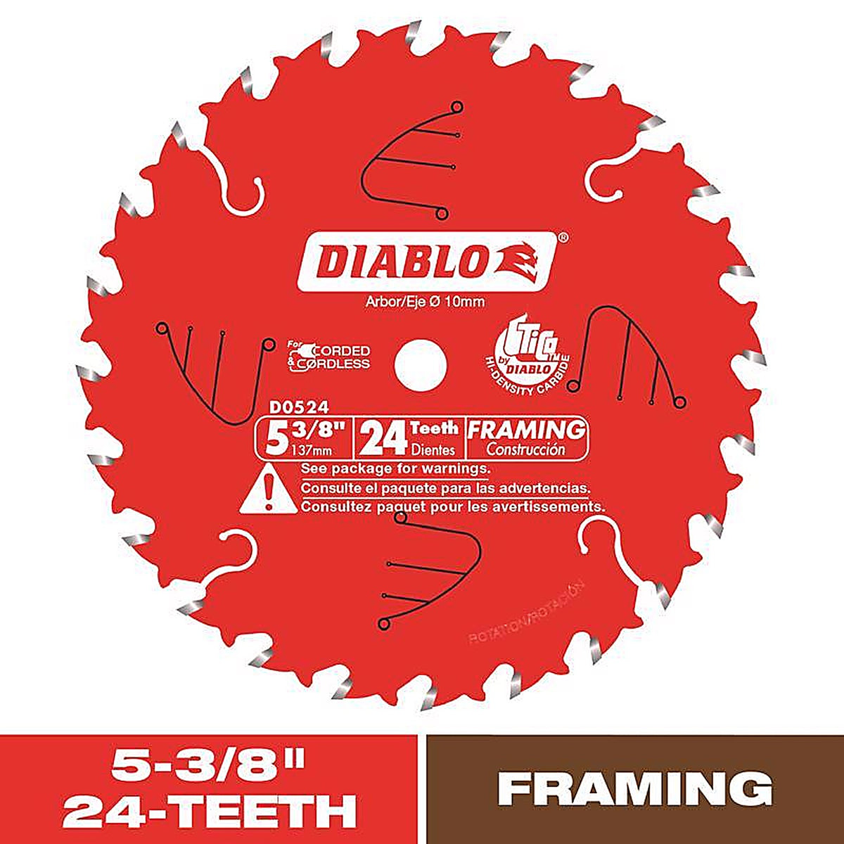 Diablo D0524X 5-3/8 in. D X 10 mm S Carbide Tip Steel Framing Blade 24 teeth 1 pc