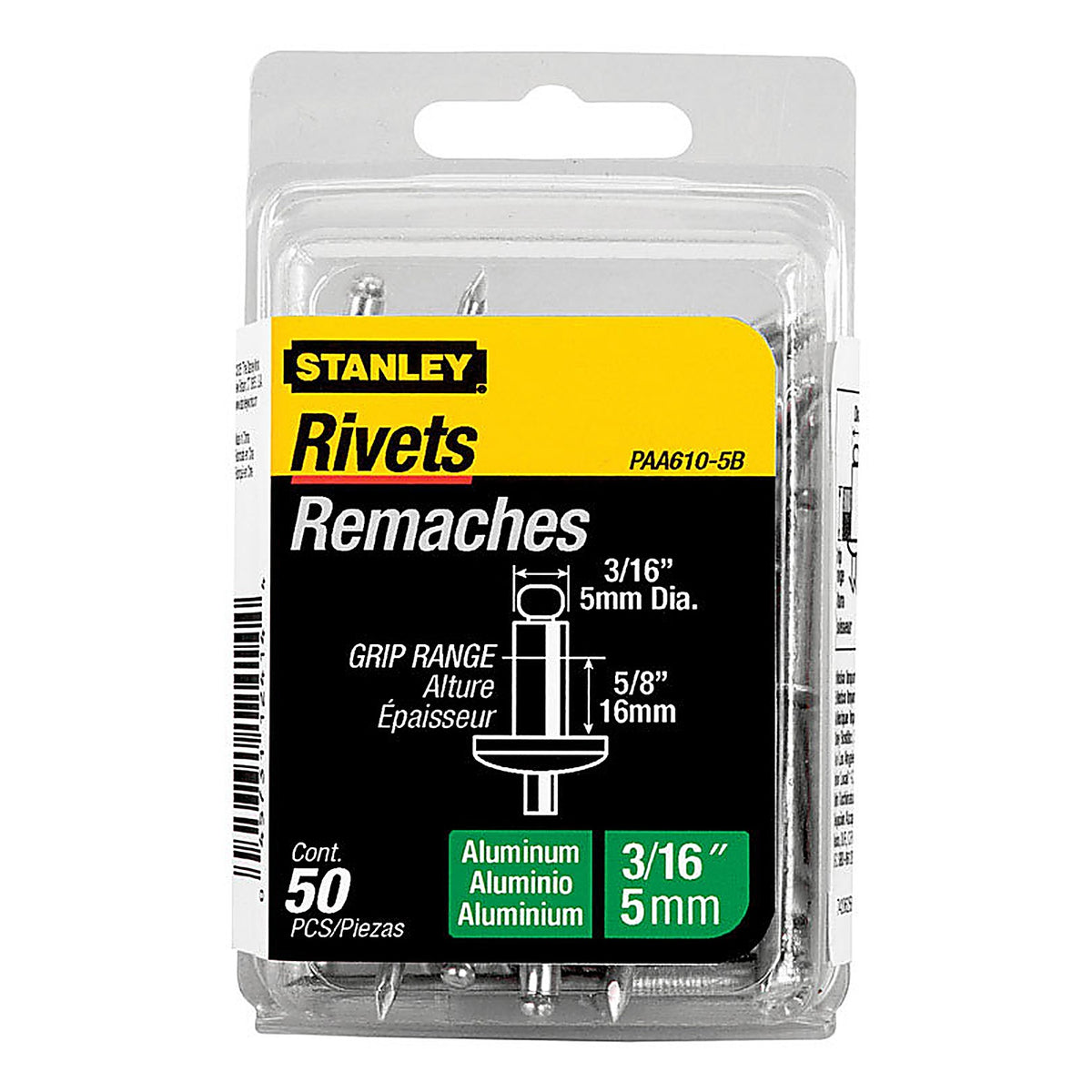 Stanley - PAA610-5B - 3/16 In. D X 5/8 In. Aluminum Blind Rivets Silver 50 CT