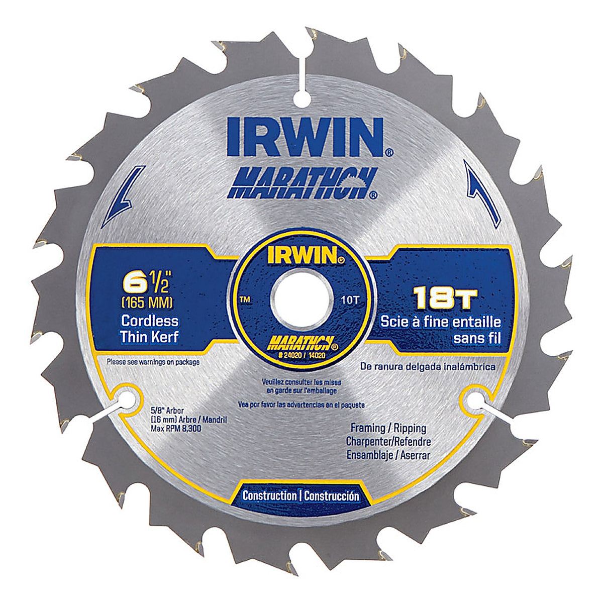 Irwin 14020 Marathon 6-1/2 in. Dia. x 5/8 in. Classic Carbide Circular Saw Blade 18 teeth 1/Pack