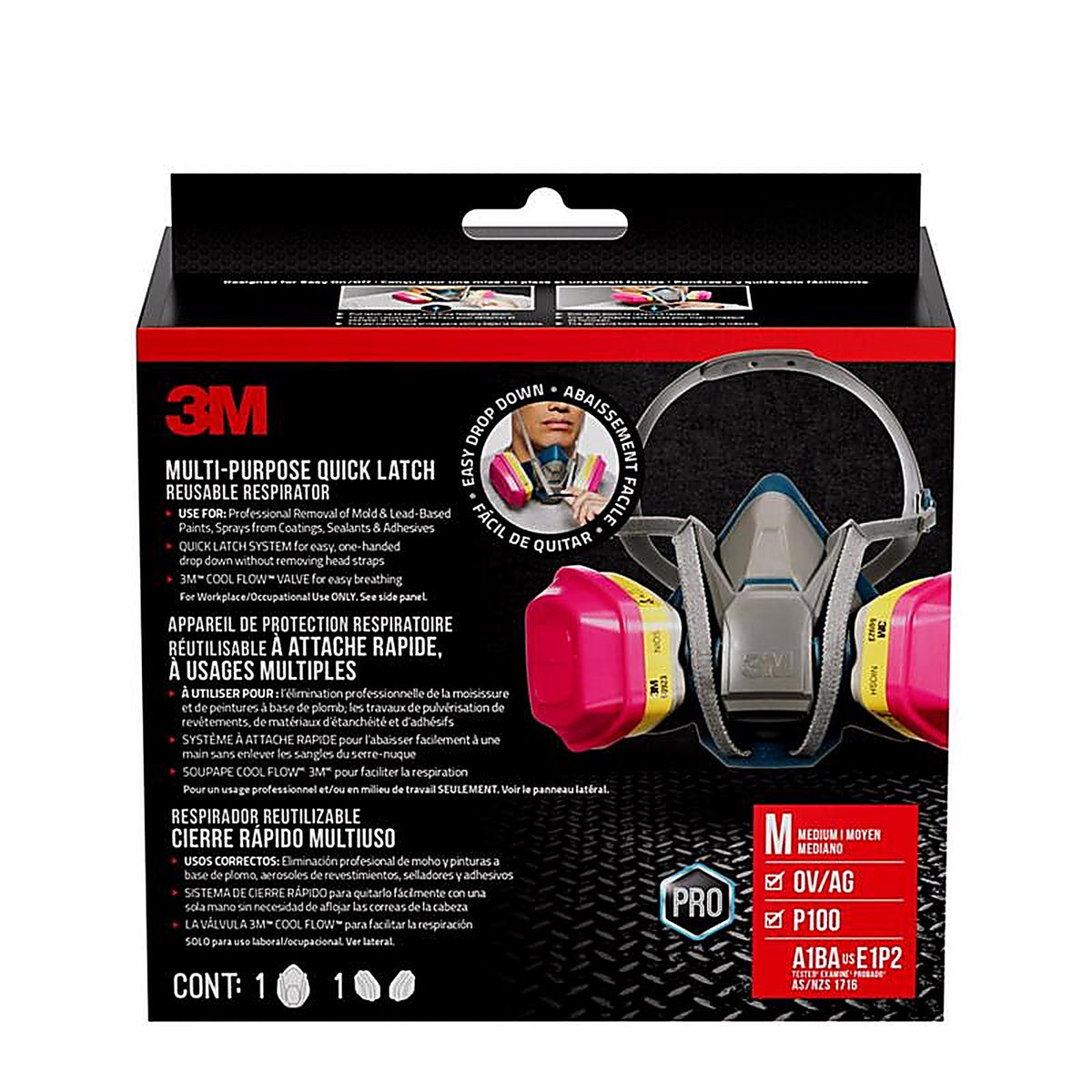 3M 65023QLHA1C-PS P100 Multi-Purpose Half Face Respirator Pro-Series Blue M 1 pc