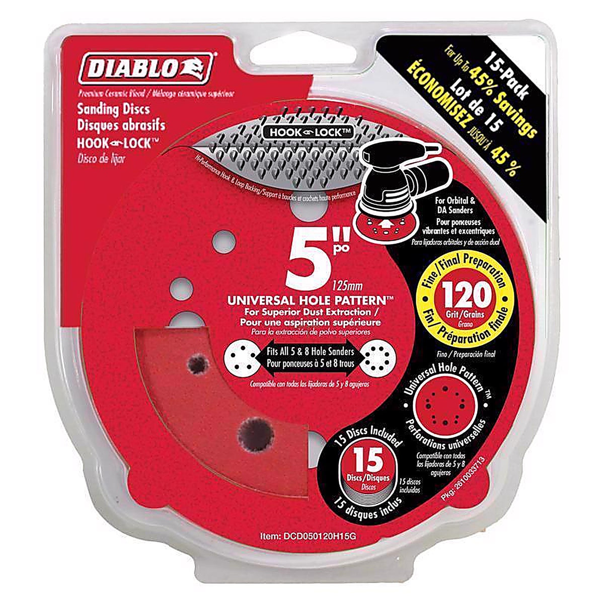 Diablo DCD050120H15G 5 in. Ceramic Blend Hook and Lock Sanding Disc 120 Grit Medium 15 pk